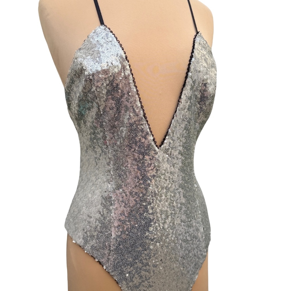 For Love & Lemons Glimmer Sequin Bodysuit in silver sequin